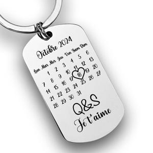 Personalized Valentine's Day calendar date key ring in stainless steel metal, dating gift, couple, birth, anniversary
