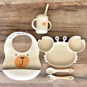 Complete personalized baby child meal set in wood and silicone in the shape of a crab, birth gift, baptism, first birthday