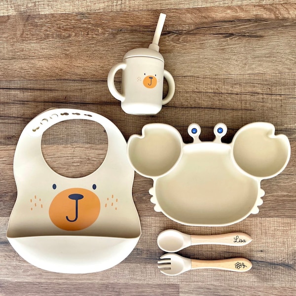 Set completo de comida infantil personalizada para bebé en madera y silicona con forma de cangrejo, regalo de nacimiento, bautizo, primer cumpleaños