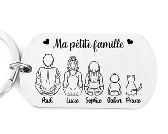 Porte-clé personnalisable en acier inoxydable miroir avec figurines assises dos à dos - cadeau pour la Fête des Mères, la Fête des Pères