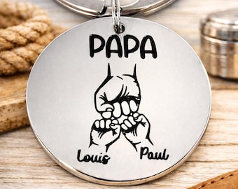 Personalized Dad Keychain - Stainless Steel Fist to Fist with Children's Names, Father's Day Gift