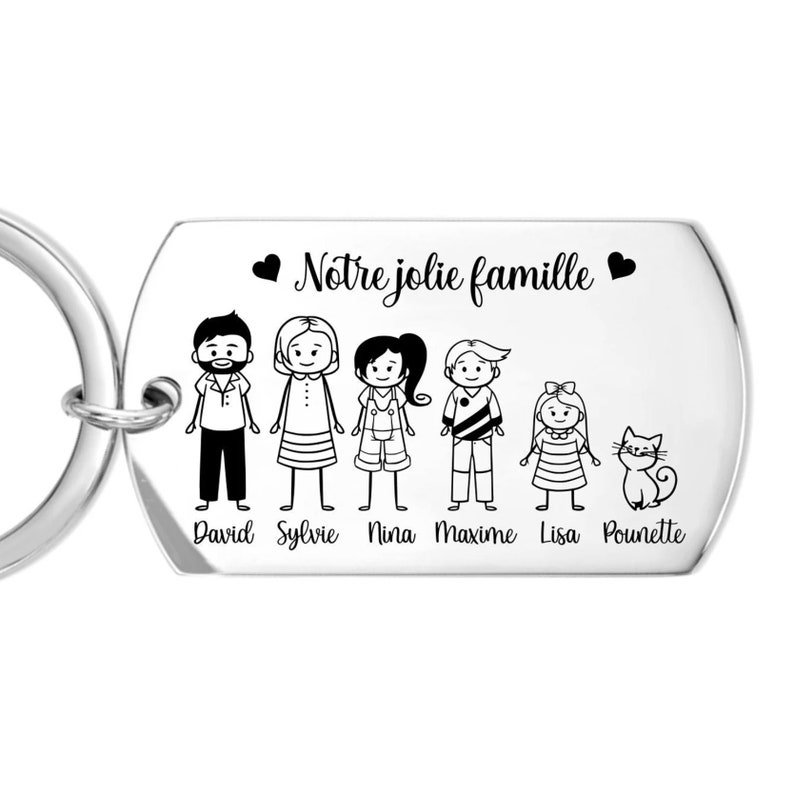 Porte clé personnalisé gravé famille en métal acier inoxydable, idée cadeau noël, fête des mamies, des mères, papa, maman... Argent