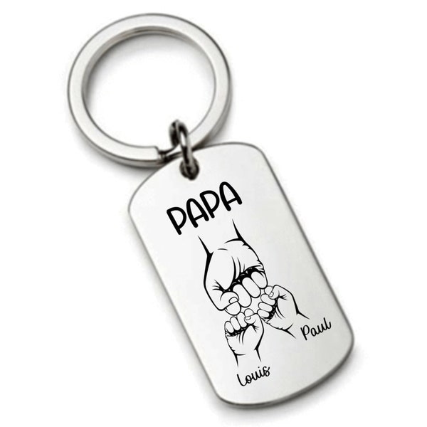 Cadeau Unique pour Papa Héro - Porte-clés Poing à Poing Personnalisé avec les Noms de ses Enfants