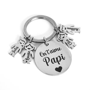 Personalized grandpa gift: key ring with little children in mirrored stainless steel