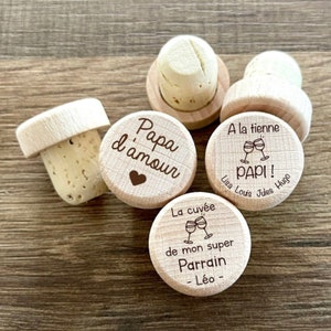 Wine bottle stopper engraved in wood and cork, personalized gift Wedding Birthday Father's Day, godfather dad