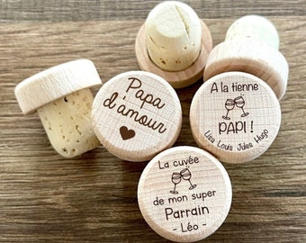 Bouchon de bouteille de vin gravé en bois et liège, cadeau personnalisé Mariage Anniversaire fêtes des pères, papa parrain