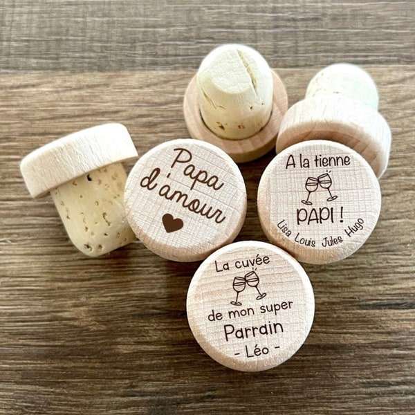 Bouchon de bouteille de vin gravé en bois et liège, cadeau personnalisé Mariage Anniversaire fêtes des pères, papa parrain