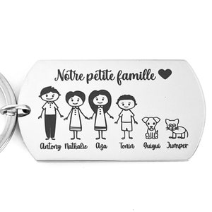 Porte clé personnalisé gravé famille en inox avec décor, idée cadeau noël, fête des pères, des mères, papa, maman...