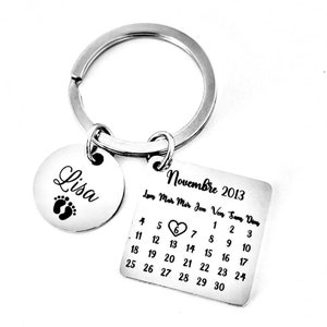 Porte clé personnalisé calendrier en inox miroir, cadeau de rencontre, de naissance, d'anniversaire