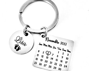 Personalized calendar key ring in mirrored stainless steel, meeting gift, birth gift, birthday gift
