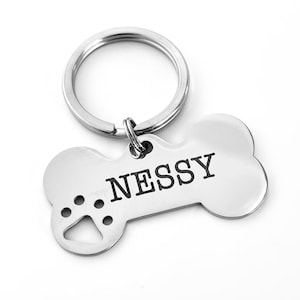 Bone-Shaped Dog Tag Engraved in Stainless Steel Personalized Identification with Name and Telephone Numbers image 1