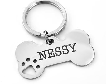 Bone-Shaped Dog Tag Engraved in Stainless Steel - Personalized Identification with Name and Telephone Numbers