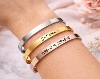 Bracelet jonc personnalisé gravé – Message, prénom ou coordonnées – Inox argent, Or & Or rose – Cadeau femme