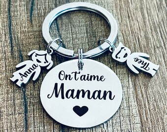 Cadeau Maman Fête des mères Porte Clés personnalisé gravé avec personnages Enfants en métal inox