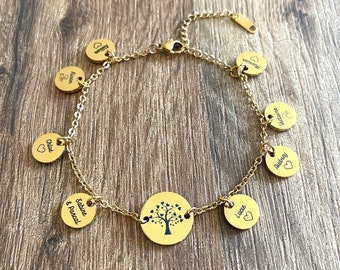 Bracelet personnalisé arbre de vie et médailles prénoms, cadeau maman personnalisé, fête des mères
