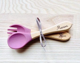 Cutlery for baby children personalized in wood and silicone, birth gift idea, baptism, Christmas for baby, fork and spoon