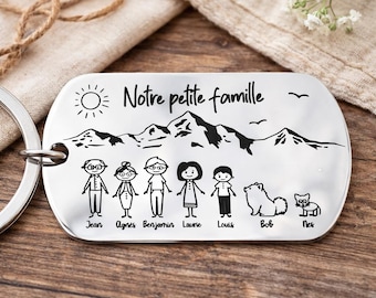 Personalized Family Keychain with Characters – Engraved Names, Stainless Steel Mirror Landscape Decor – Original Gift for Parents