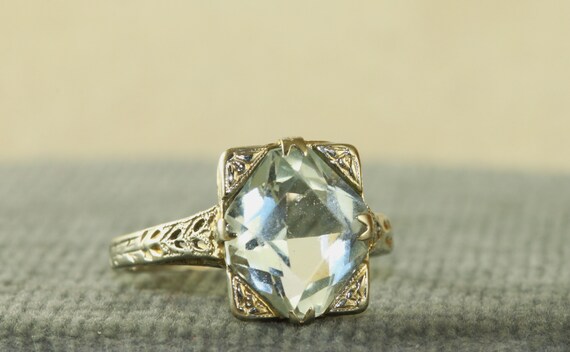 18K Edwardian Aquamarine Filigree Ring - image 1