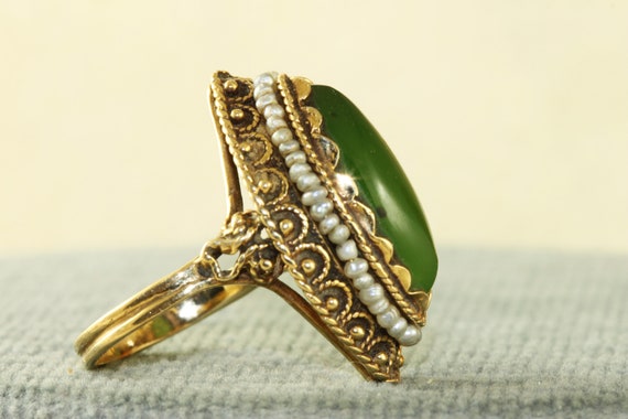 Estate 14K Jade Seed Pearl Ring - image 2