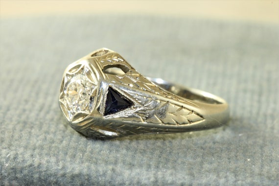 18K Edwardian Diamond and Synthetic Sapphire Enga… - image 2