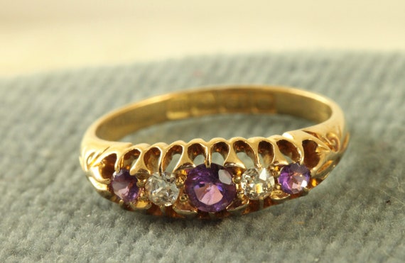 1911 18K 5 Stone Amethyst Old European Cut Diamon… - image 2