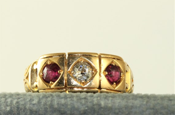 Edwardian 18K Old European Cut Diamond Ruby 3 Sto… - image 1