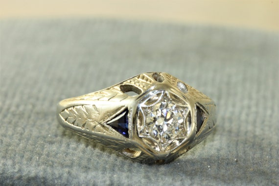 18K Edwardian Diamond and Synthetic Sapphire Enga… - image 1
