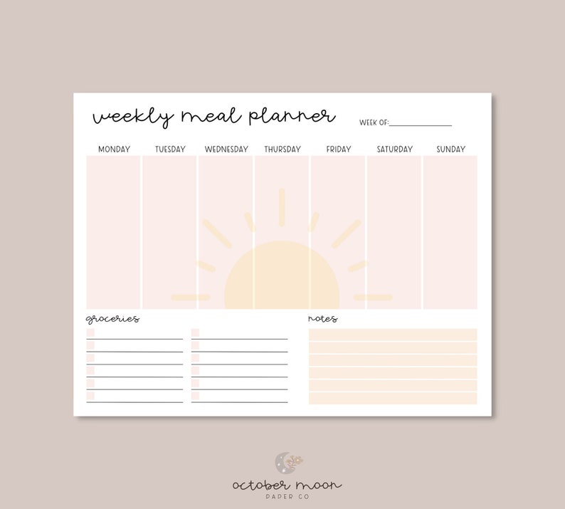 Weekly Meal Planner Template Printable Boho Menu Template - Etsy