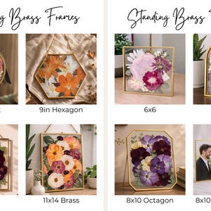 Op de afbeelding: Een collectie messing lijsten met geperste bloemen en foto's, onderverdeeld in hangende en staande messing lijsten. De vormen omvatten cirkels, zeshoeken, vierkanten, rechthoeken, bogen en achthoeken, met maten aangegeven in inches.