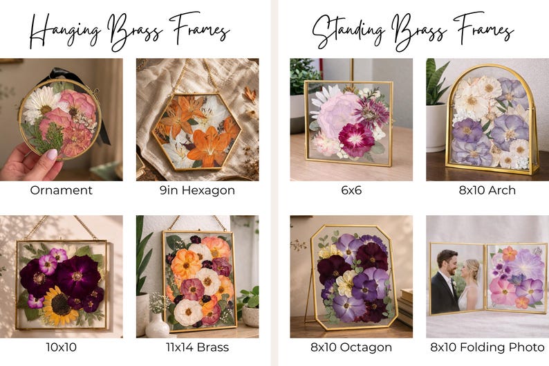 Op de afbeelding: Een collectie messing lijsten met geperste bloemen en foto's, onderverdeeld in hangende en staande messing lijsten. De vormen omvatten cirkels, zeshoeken, vierkanten, rechthoeken, bogen en achthoeken, met maten aangegeven in inches.