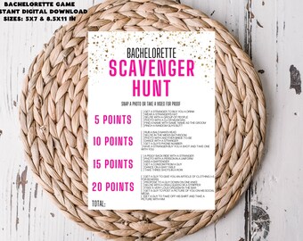 May include: A printable bachelorette party scavenger hunt game card with a white background and gold glitter. The card has a pink title that says "Bachelorette Scavenger Hunt". The card lists a series of challenges with point values for each challenge. The challenges include things like getting a stranger to buy you a drink, taking a selfie with a group of people, and dancing with a stranger.