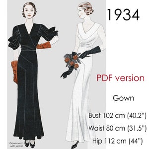 1930s long gown pattern with short jacket, V-neckline, slim skirt with flare. Original vintage size bust 102 cm (40&quot;)