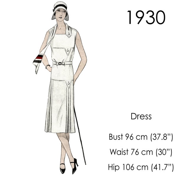 1930s Dress pattern. A sleeveless dress with shawl and pleated skirt. Original vintage size for bust 96 cm (37.8")