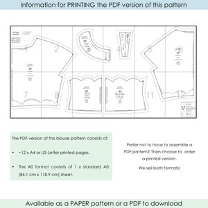 May include: A diagram showing how to print and assemble a blouse pattern. The pattern is divided into 12 pieces, each labeled with a number. The text on the page reads "Information for PRINTING the PDF version of this pattern" and "The PDF version of this blouse pattern consists of: ~12 x A4 or US-Letter printed pages. The A0 format consists of 1 x standard A0 (84.1 cm x 118.9 cm) sheet. Prefer not to have to assemble a PDF pattern? Then choose to order a printed version. We sell both formats! Available as a PAPER pattern or a PDF to download"