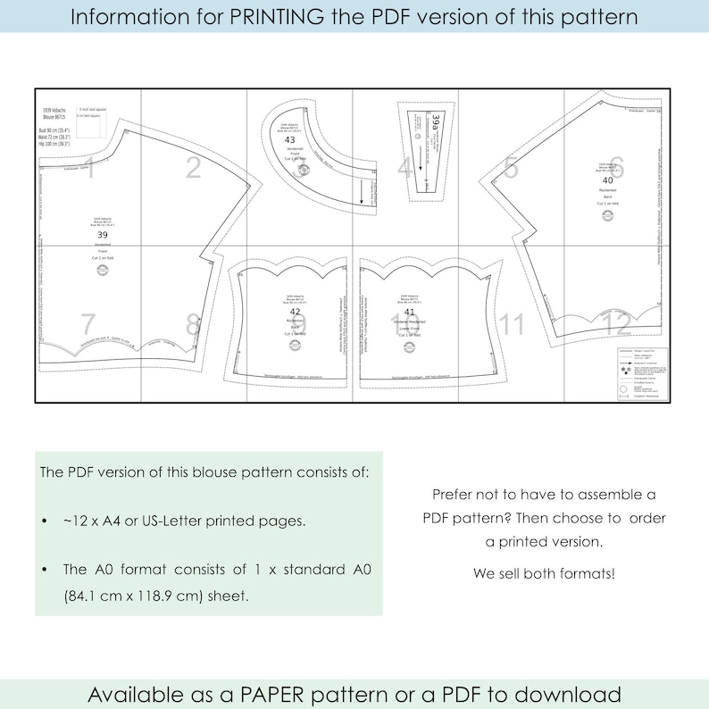 May include: A diagram showing how to print and assemble a blouse pattern. The pattern is divided into 12 pieces, each labeled with a number. The text on the page reads "Information for PRINTING the PDF version of this pattern" and "The PDF version of this blouse pattern consists of: ~12 x A4 or US-Letter printed pages. The A0 format consists of 1 x standard A0 (84.1 cm x 118.9 cm) sheet. Prefer not to have to assemble a PDF pattern? Then choose to order a printed version. We sell both formats! Available as a PAPER pattern or a PDF to download"