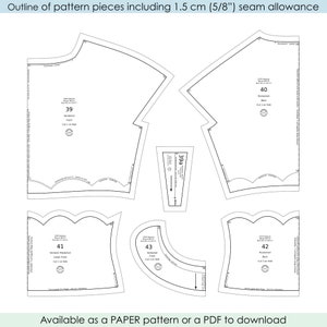 May include: A black and white line drawing of a sewing pattern for a garment. The pattern includes five pieces: a front, back, and two sleeves, and a piece labeled "39a". The pattern includes seam allowances of 1.5 cm (5/8 inch). The text "Available as a PAPER pattern or a PDF to download" is at the bottom of the image.