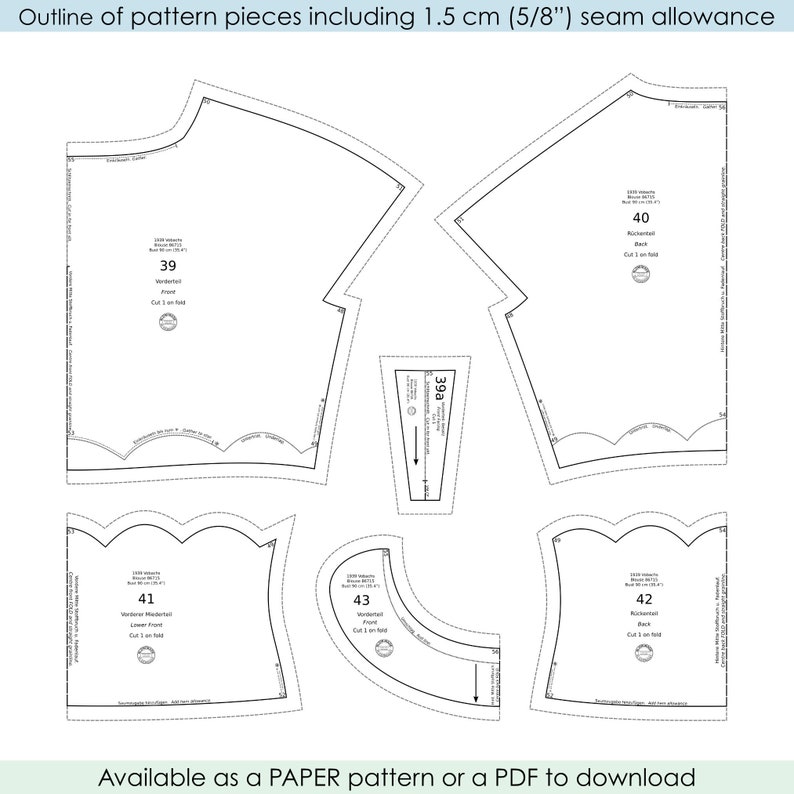 May include: A black and white line drawing of a sewing pattern for a garment. The pattern includes five pieces: a front, back, and two sleeves, and a piece labeled "39a". The pattern includes seam allowances of 1.5 cm (5/8 inch). The text "Available as a PAPER pattern or a PDF to download" is at the bottom of the image.