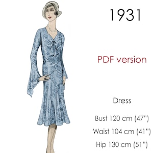 May include: A 1931 vintage dress pattern in PDF format. The pattern is for a blue dress with a V-neckline and long sleeves. The dress has a fitted bodice and a flowing skirt. The pattern includes measurements for a bust of 47 inches, a waist of 41 inches, and a hip of 51 inches.