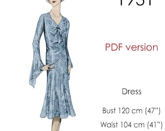 1930s Dress pattern. Drop-waist, flared skirt. Original vintage size: bust 120 cm (47 inch)
