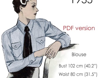 1930s Blouse pattern. French cuff, patch pockets, Original vintage size: Bust 102 cm (40")