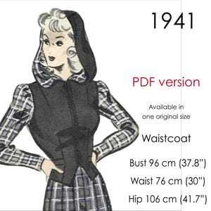 Vestpatroon uit de jaren 40, met ritssluiting aan de voorkant en capuchon. Vintage originele borstomvang: 96 cm (37,8")