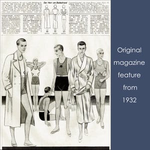 May include: An original magazine feature from 1932, showcasing vintage swimwear and beach attire for men. The black and white illustration includes various swimsuits, robes, and coats, offering a glimpse into early 20th-century fashion.