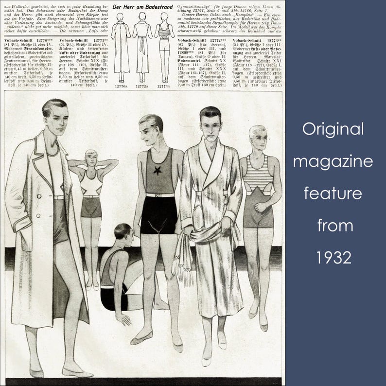 May include: An original magazine feature from 1932, showcasing vintage swimwear and beach attire for men. The black and white illustration includes various swimsuits, robes, and coats, offering a glimpse into early 20th-century fashion.