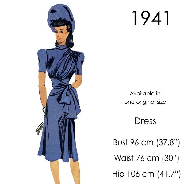 Modèle de robe des années 40. Corsage drapé et froncé, jupe évasée et manches courtes bouffantes. Taille vintage originale du buste : 96 cm (37 po. - 38 po.)