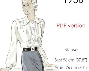 1930s Blouse pattern. Front pleats, French cuff. Original vintage size: Bust 96 cm (37" - 38")