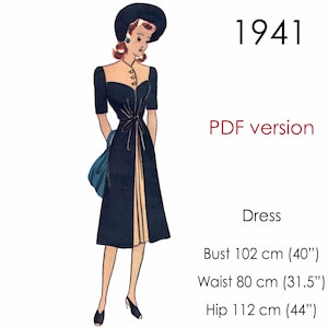 Puede incluir: Ilustración de un patrón de vestido vintage de 1941. El vestido es negro con un panel crema en la parte delantera. Medidas: Busto 102 cm, Cintura 80 cm y Cadera 112 cm. El texto "PDF version" está presente.