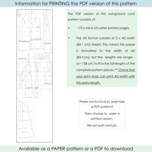 May include: A diagram of a swing-back coat pattern, with text detailing PDF printing instructions. The pattern is available as a paper pattern or a PDF download. The PDF version requires approximately 72 A4 or US-Letter pages.
