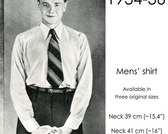 1930s Men's shirt pattern, Original vintage neck sizes: 39, 41 + 45 cm (15.4" - 17.7")