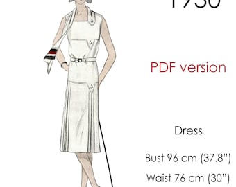 1930s Sleeveless Dress Pattern. Pleated Skirt. Original vintage size: bust 96 cm (37.8")