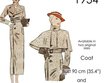 1930s Coat sewing pattern. A long coat with separate short cape. Original vintage size for busts: 90 cm (35.4") OR 102 cm (40")